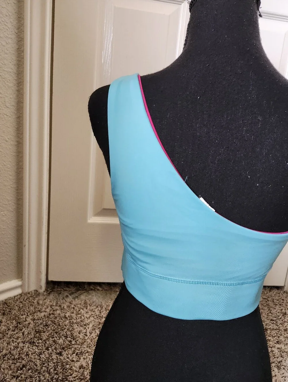 Fabletics One-Shoulder Aqua Sports Bra with Pink Trim